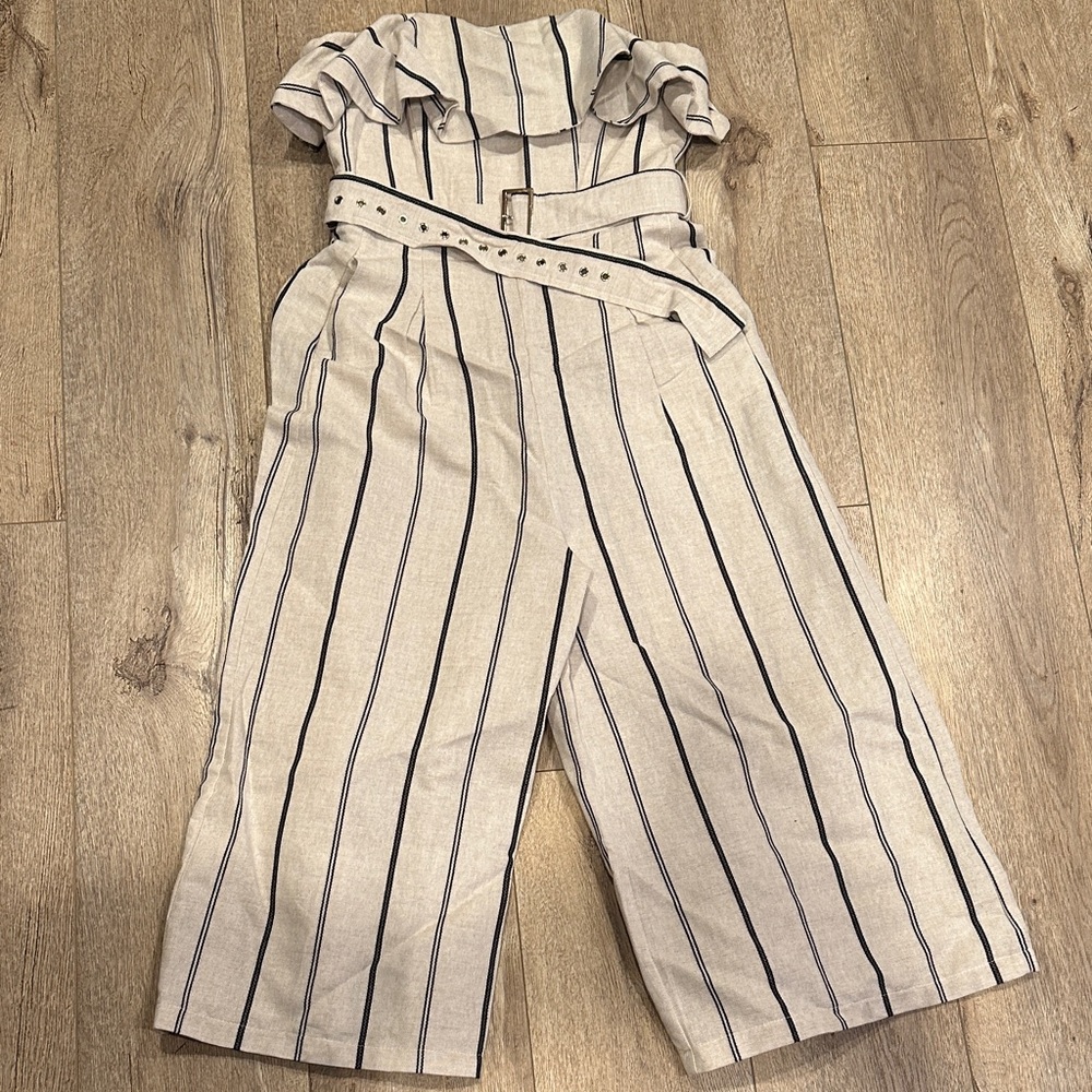 L'ATISTE Beige and Navy Striped Jumpsuit